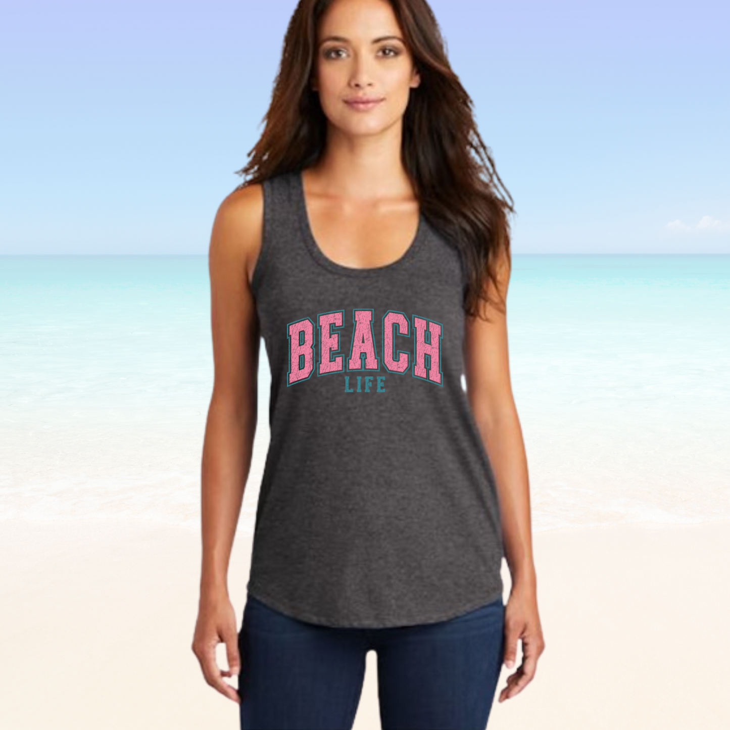 Beach Life Woman's Tank Top with racer back design in black, perfect for ultimate comfort and style.