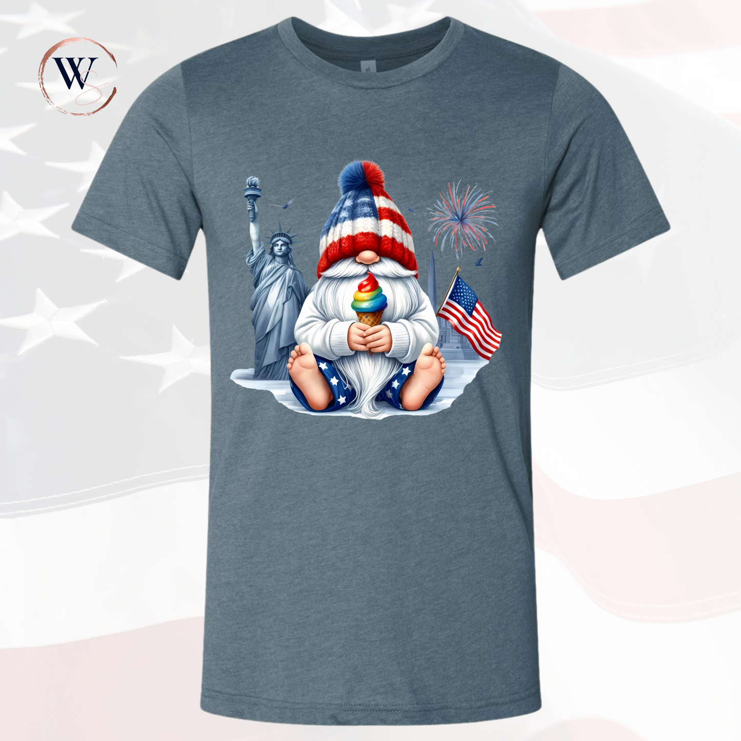 Gnome Statue of Liberty Shirt with patriotic eagle design and fireworks background.