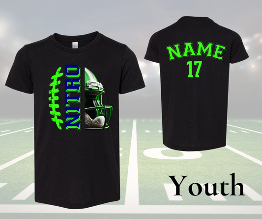 Youth black Nitro Helmet Shirt with green football and helmet graphic front, customizable name and number in green on back