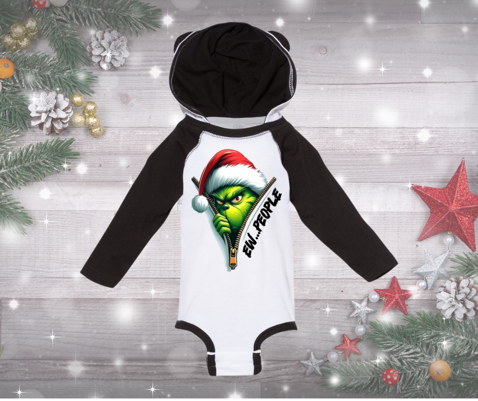 Grinch Eww People babies bodysuit with ears and holiday design.