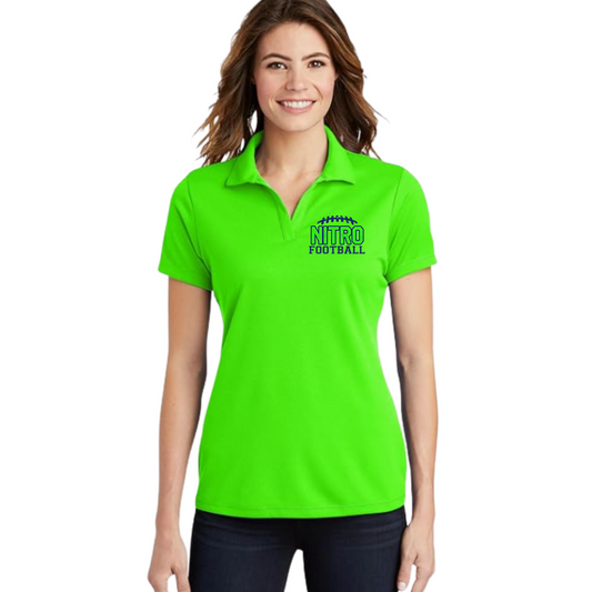 Woman wearing Nitro Neon Green Polo Shirt with Nitro Football logo, breathable polyester mesh fabric, casual and active wear