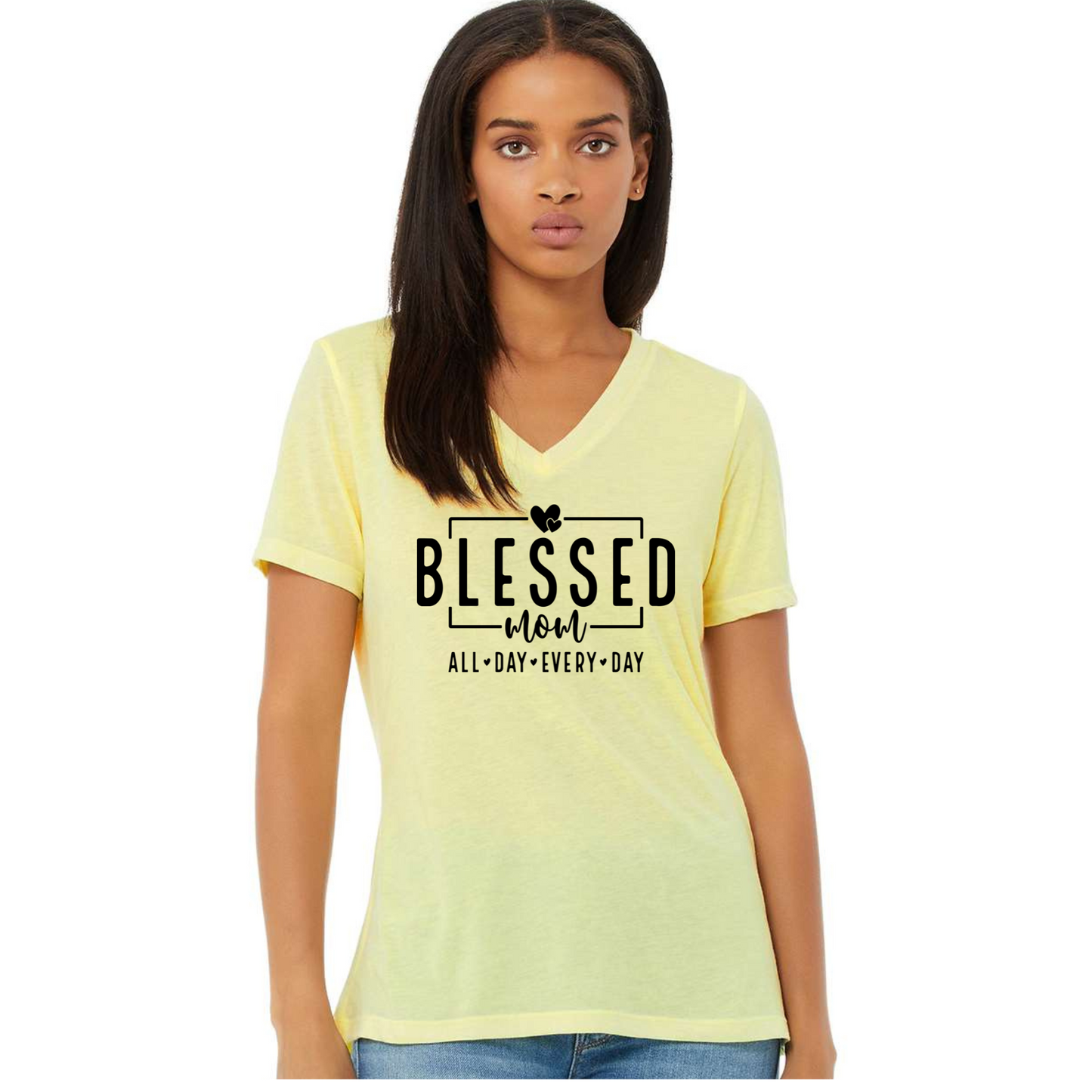 Blessed Mom v-neck tee shirt in yellow.