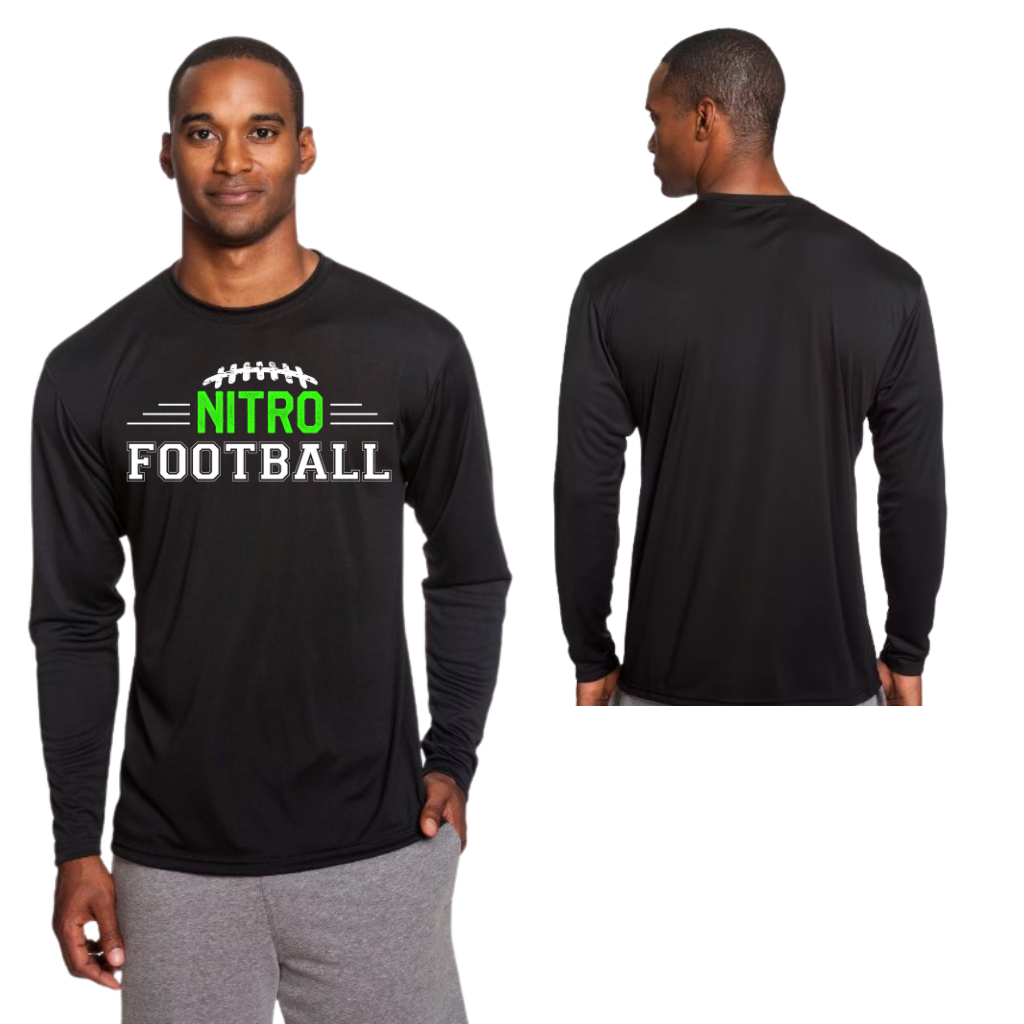 Men's black Long Sleeve Nitro Football performance shirt with moisture-wicking fabric and football graphic on front