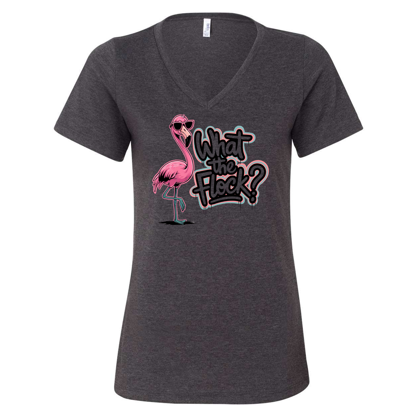 Women's V-neck tee with vibrant flamingo graphic and "What the Flock?" text, perfect tropical beach shirt