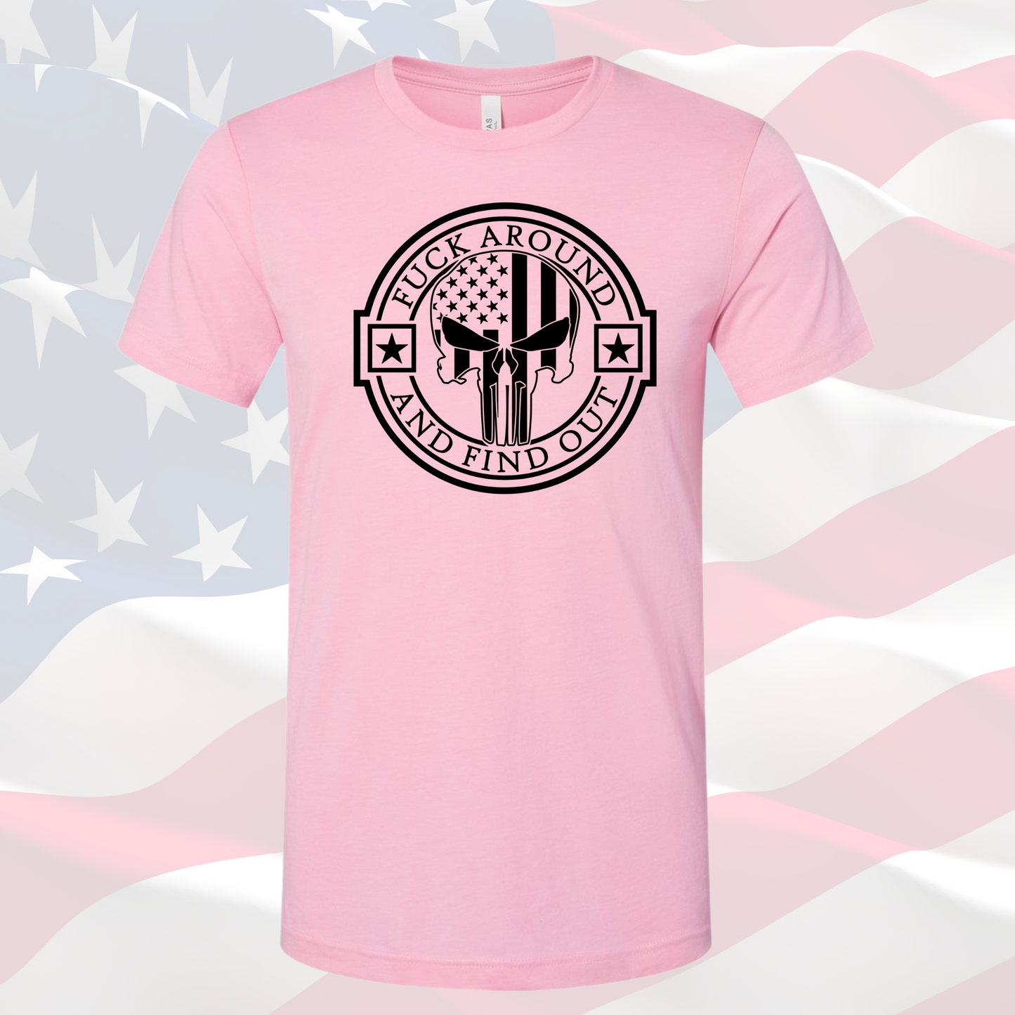 Unisex FAFO Punisher Tee with bold patriotic design on a pink American flag backdrop.