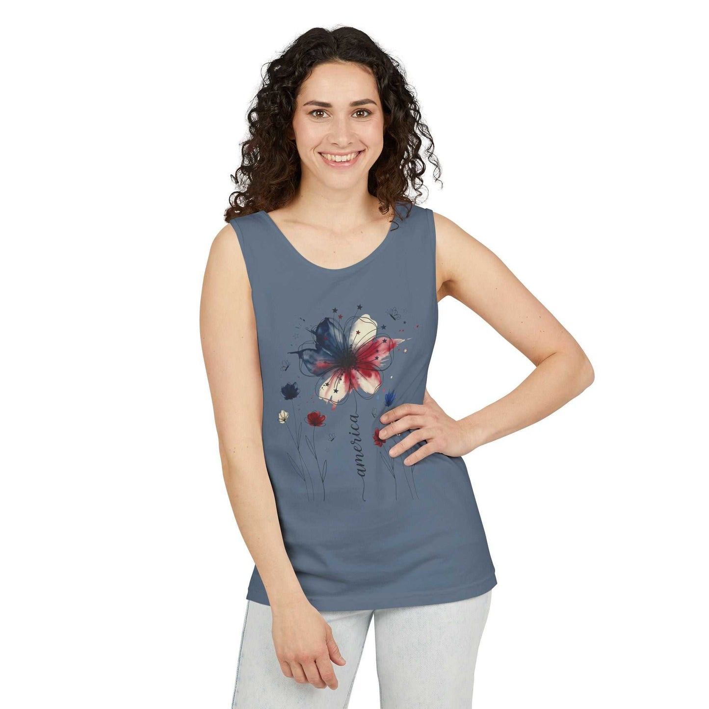 Patriotic watercolor flower tank top with indigo and rust floral design on soft cotton