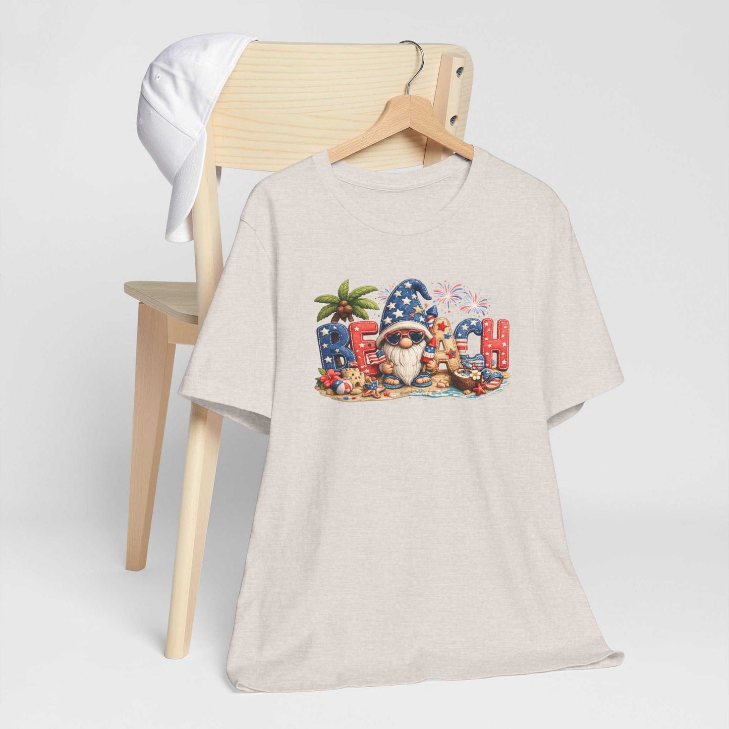 Patriotic Beach Gnome patchwork tee with red white and blue summer design