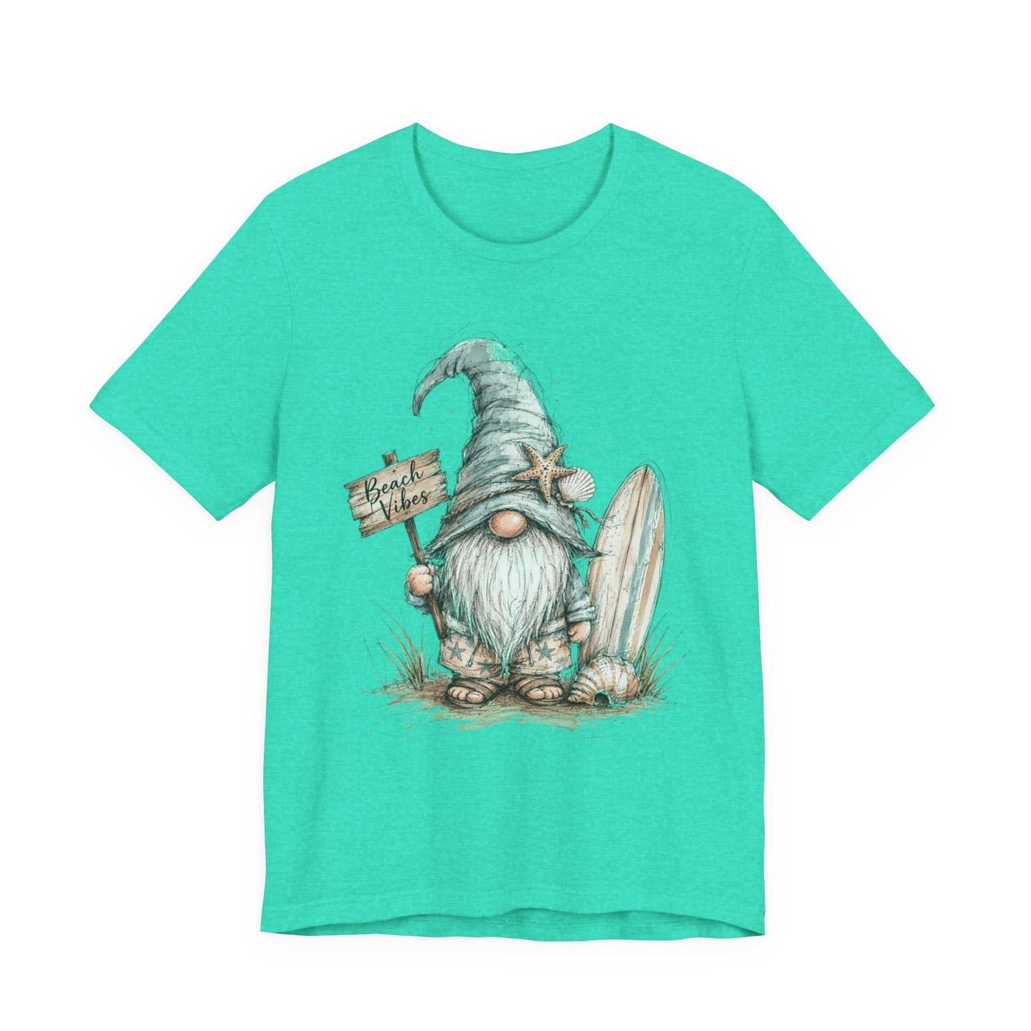 Beach Gnome Shirt with hand-drawn coastal gnome and seashell design on a soft, lightweight tee perfect for beach lovers and summer vibes