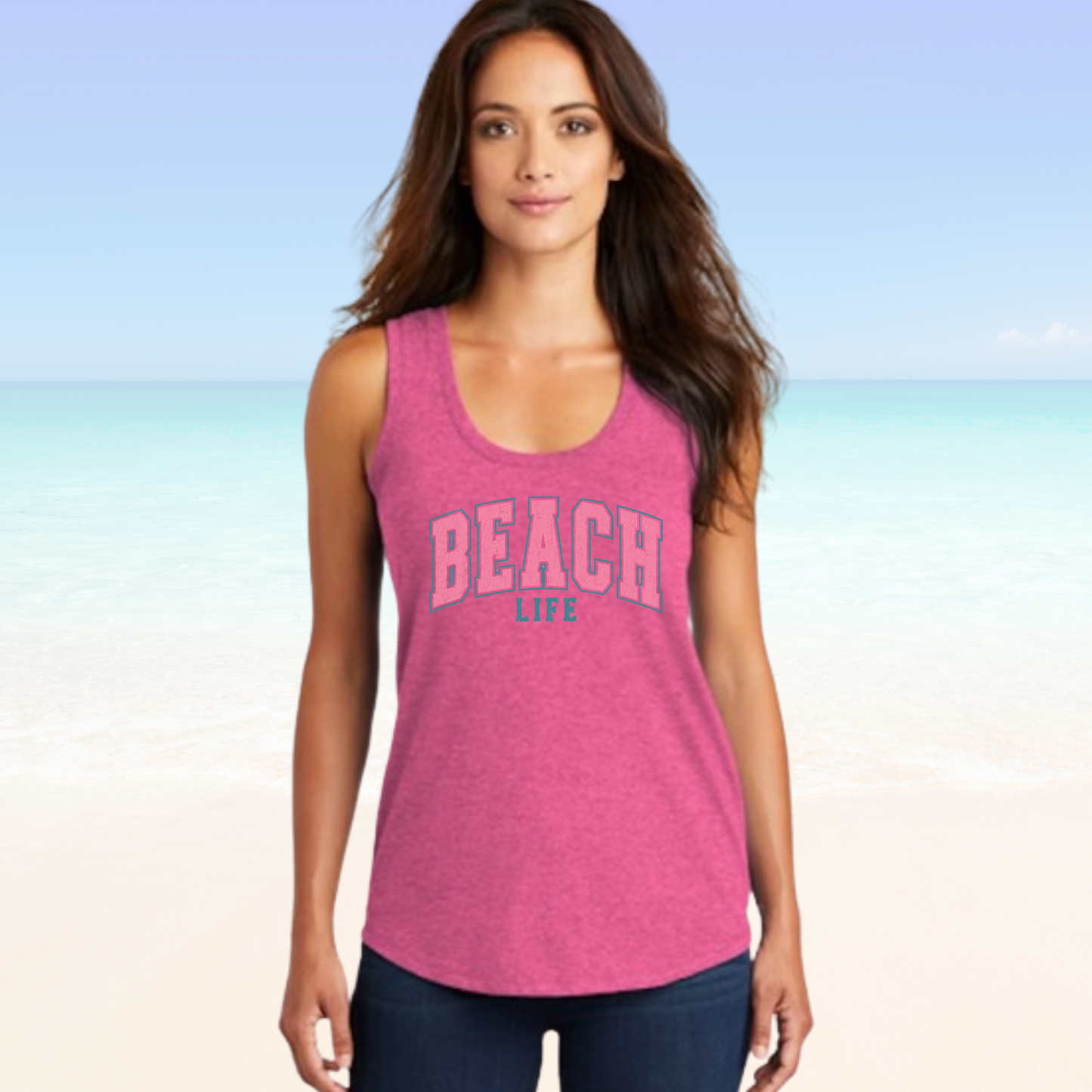 Beach Life Woman's Tank Top with racer back design in pink.