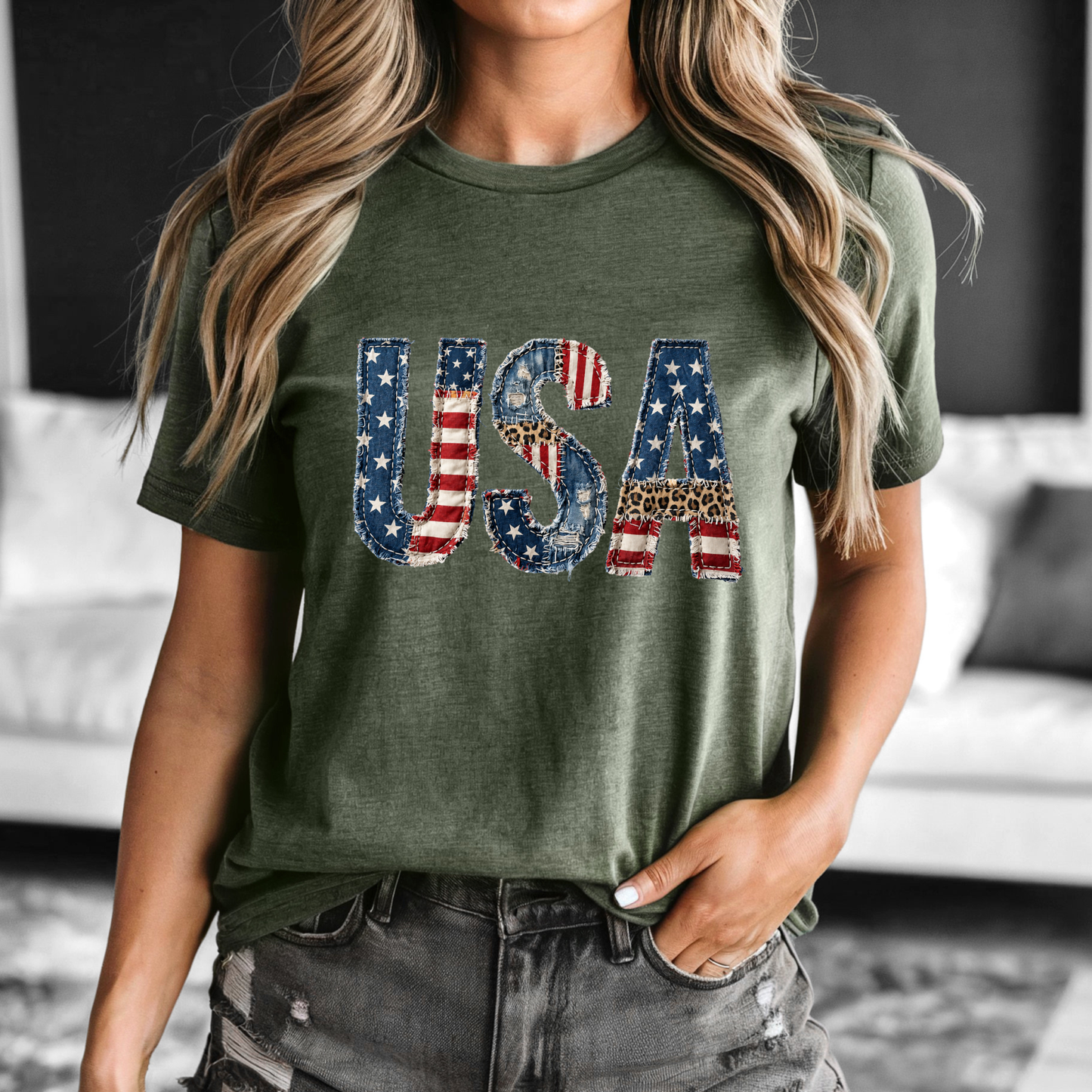 Patriotic Patchwork USA Tee with distressed denim, American flag, and leopard print accents on soft unisex t-shirt