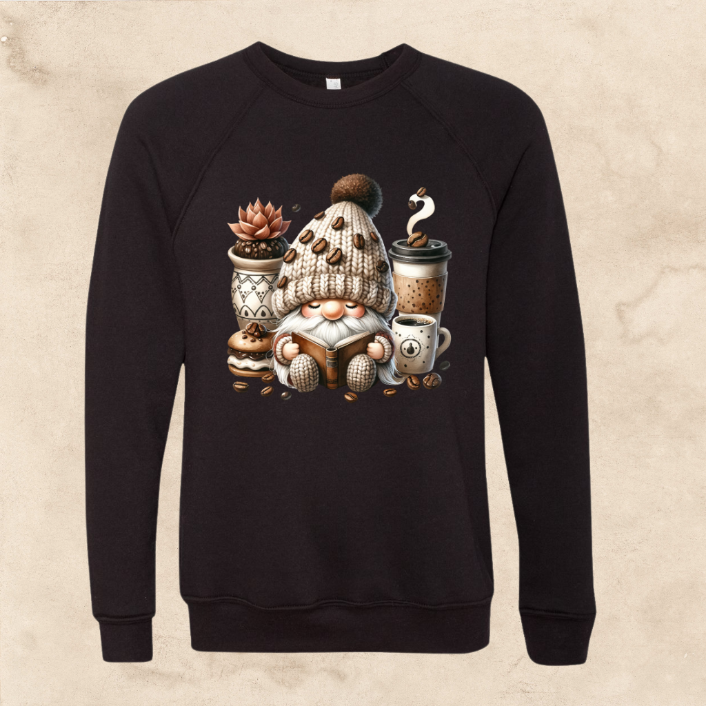 Coffee Gnome sweatshirt with whimsical design for adults.