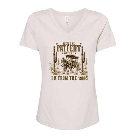 Women’s V-Neck Tee with vintage 1900s graphic featuring old pickup and desert cacti on faded sepia background