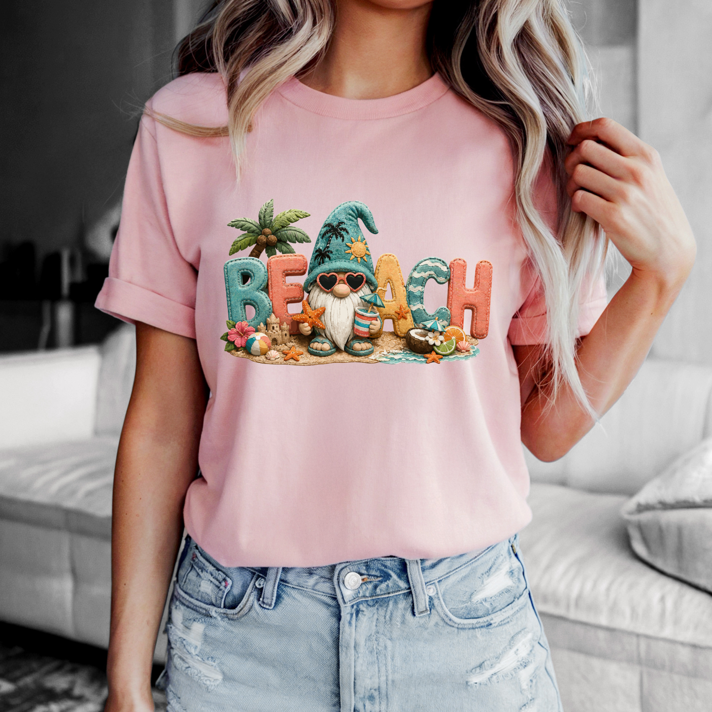 Beach Gnome Patchwork Tee with 3D applique and coastal summer design