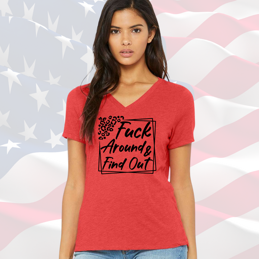 FAFO Women's Vneck Tee with American flag background.