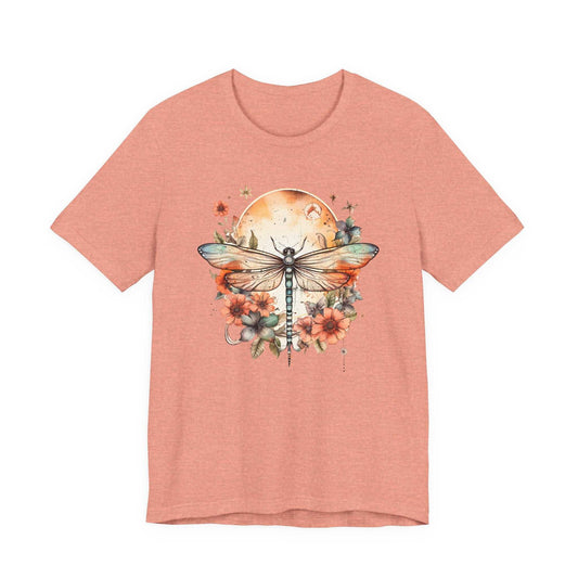 Dragonfly Bloom Tee with watercolor dragonfly and floral design in warm sunset tones, boho cottagecore style shirt