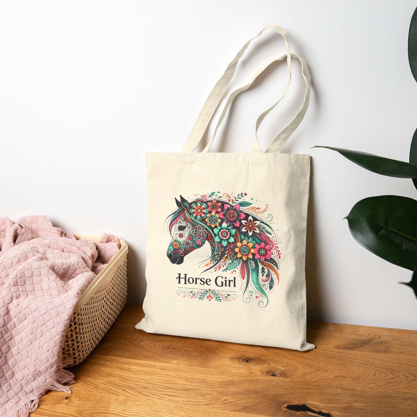 Horse Girl Floral Canvas Tote Bag