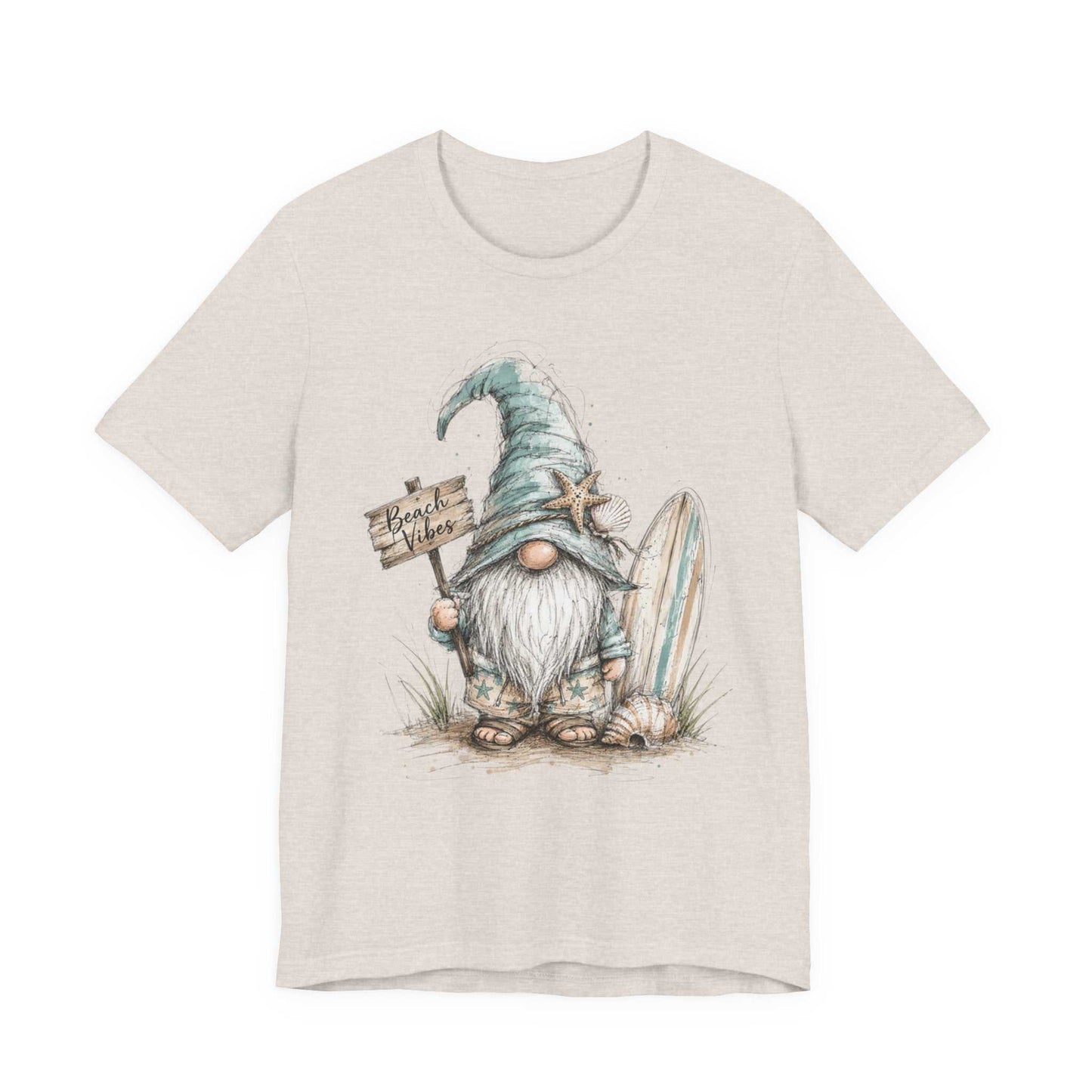 Beach Gnome Shirt with whimsical coastal gnome, seashells, and watercolor design on soft unisex tee