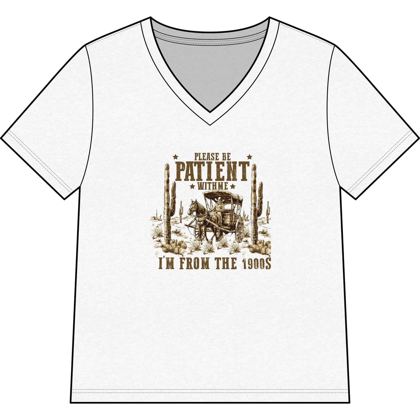 Women’s V-Neck Tee with vintage 1900s graphic featuring old pickup and desert cacti in faded sepia tones