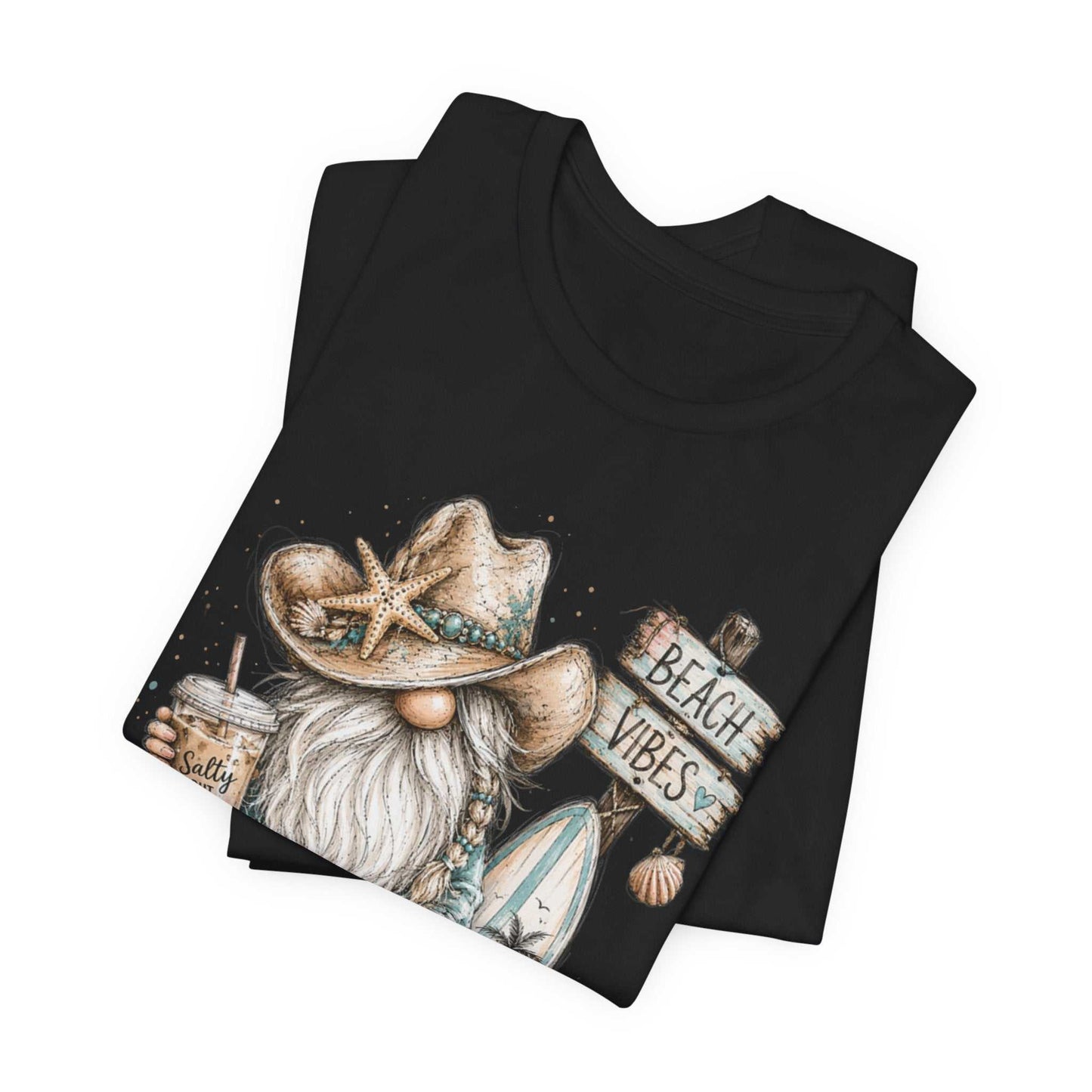 Coastal Cowgirl Beach Gnome watercolor tee with turquoise accents, cowboy boots, and seashells