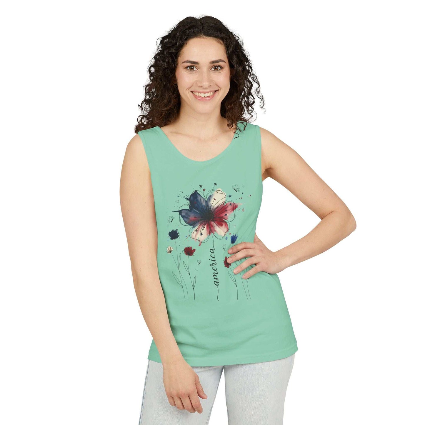 Patriotic watercolor flower tank top with indigo and rust florals on soft cotton