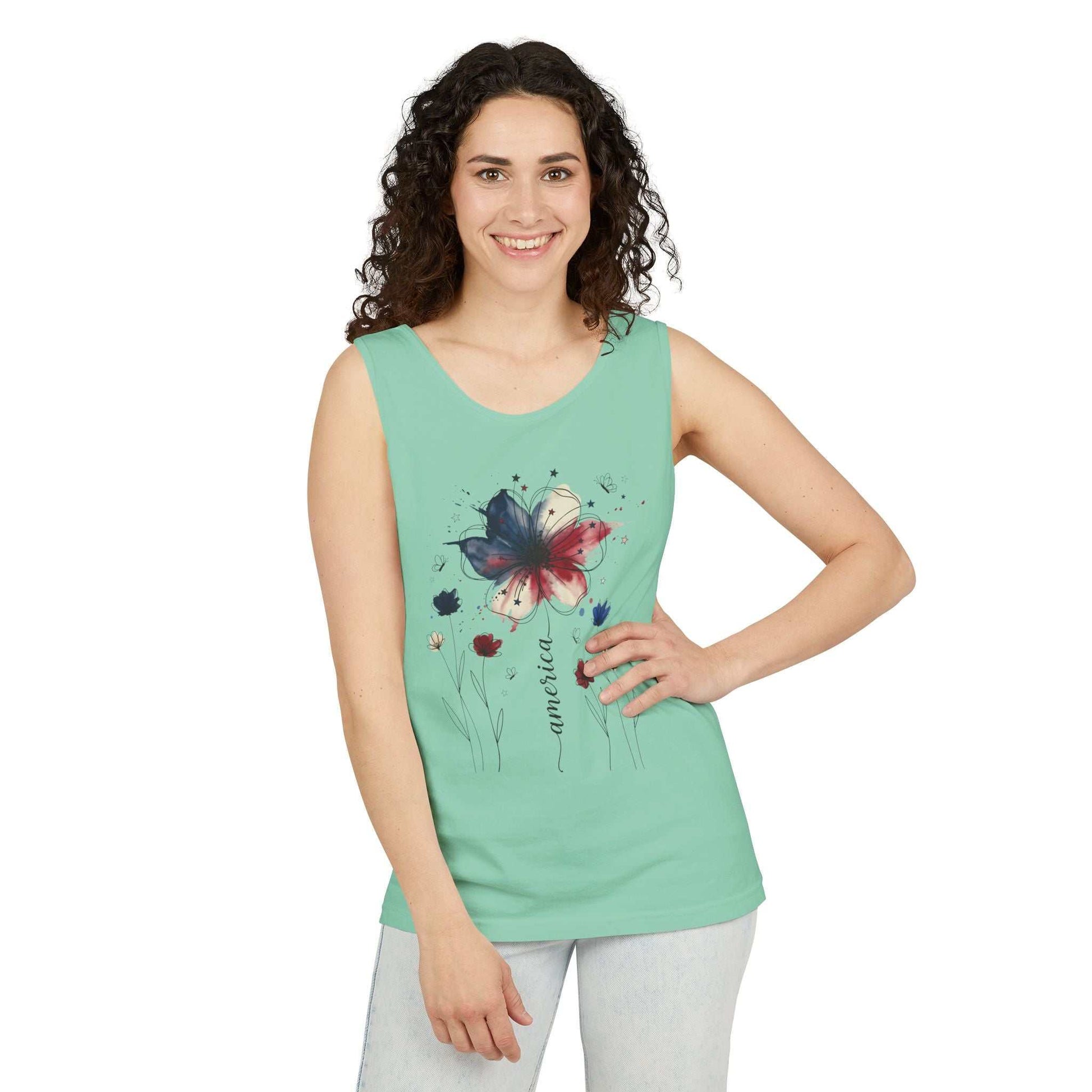 Patriotic watercolor flower tank top with indigo and rust florals on soft cotton