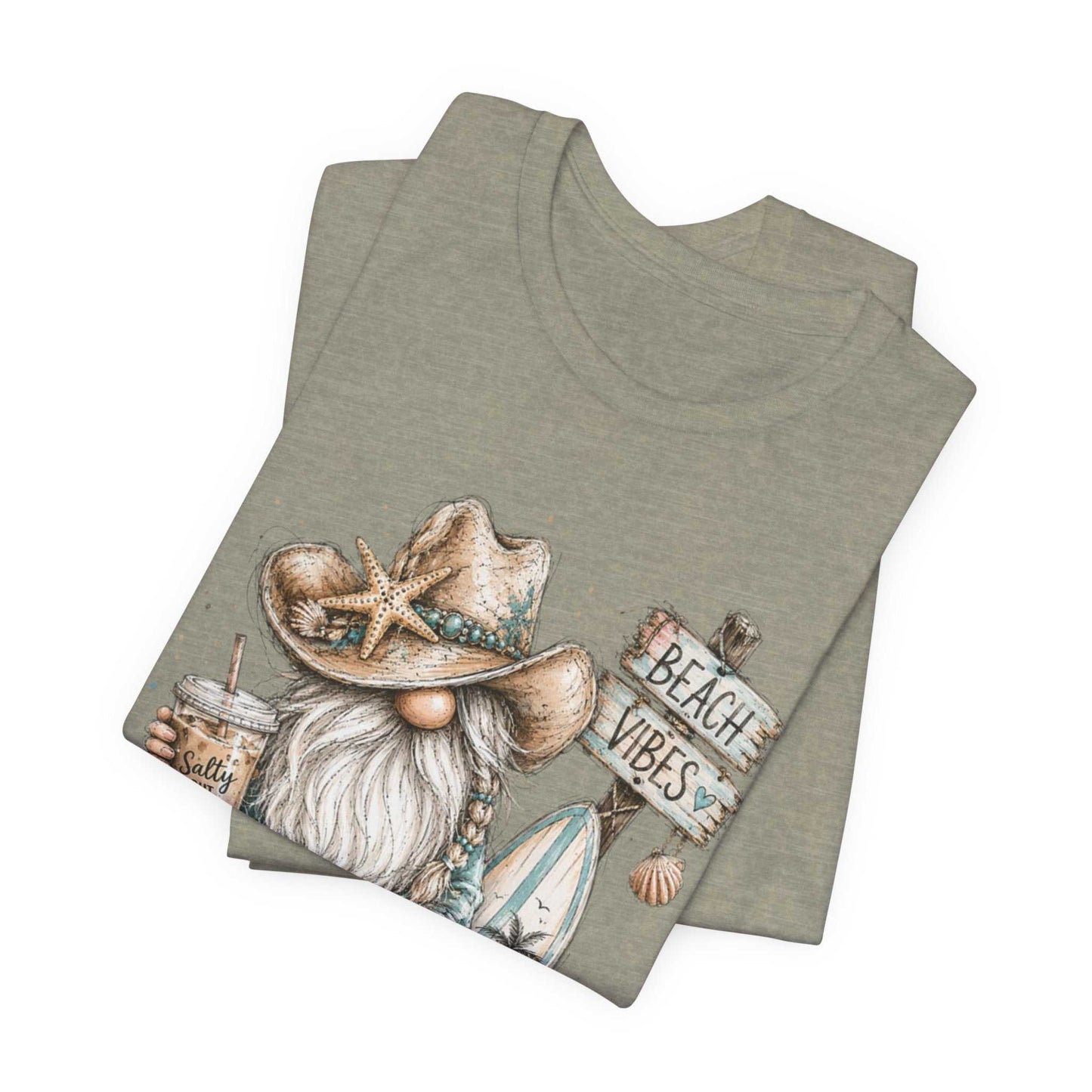 Coastal Cowgirl Beach Gnome shirt with turquoise accents, cowboy boots, and seashells in watercolor style