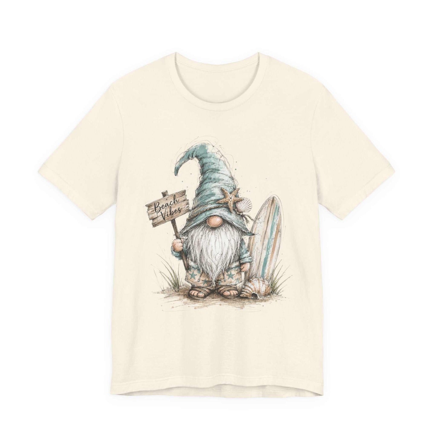 Beach Gnome Shirt with whimsical coastal gnome and seashell design on soft unisex tee