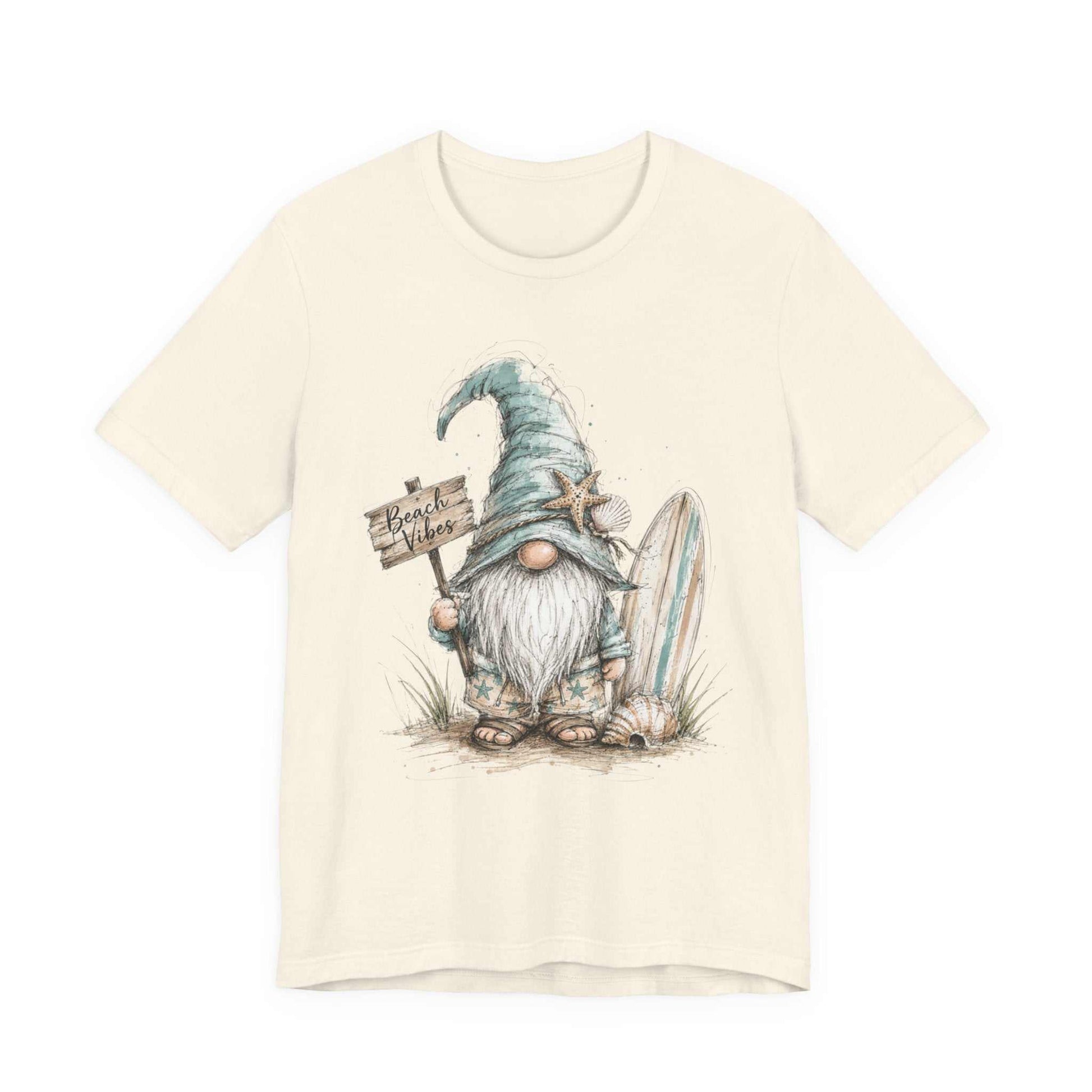 Beach Gnome Shirt with whimsical coastal gnome and seashell design on soft unisex tee