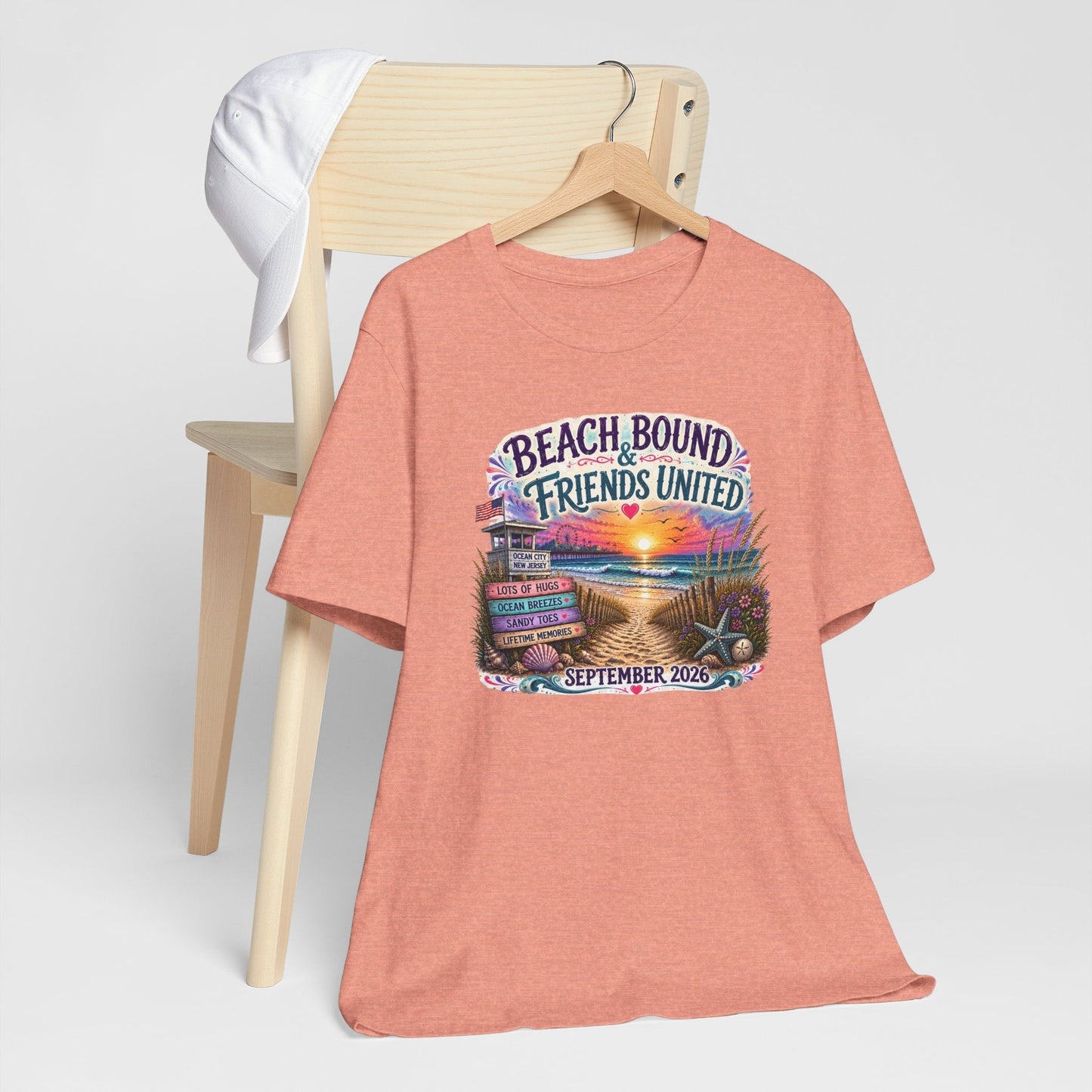 Beach Bound & Friends United Ocean City 2026 friendship tee with seaside sunset and beach design