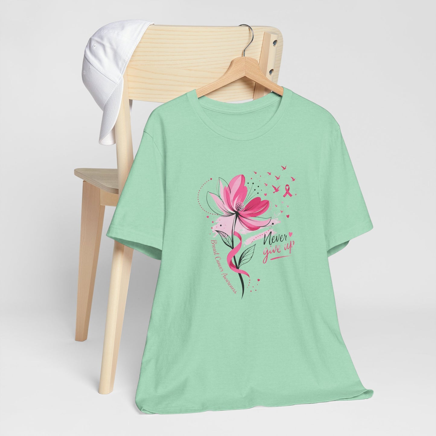 Never Give Up Floral Breast Cancer Awareness Tee