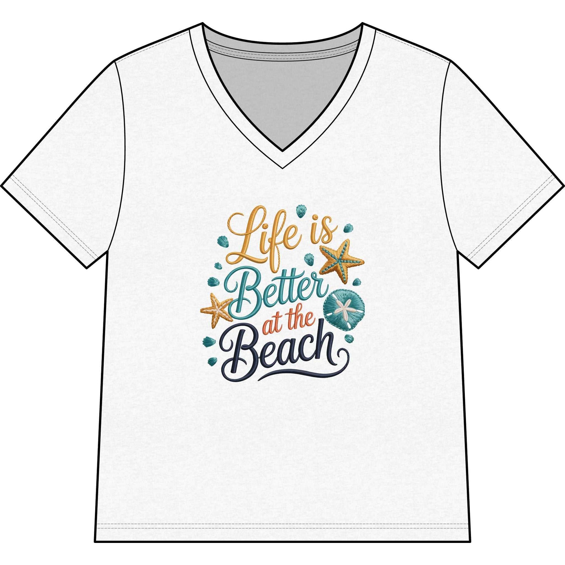 Women’s V-neck tee with faux cross-stitch beach design saying Life Is Better at the Beach in coastal colors
