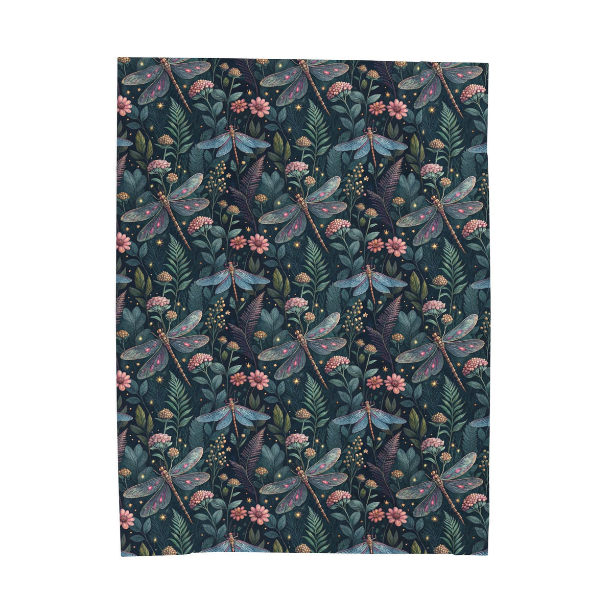 Velveteen Plush Blanket — Dark Botanical Dragonfly Throw