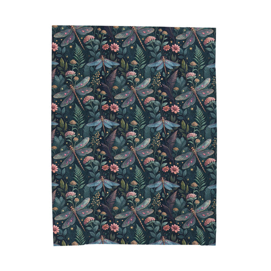 Velveteen Plush Blanket — Dark Botanical Dragonfly Throw
