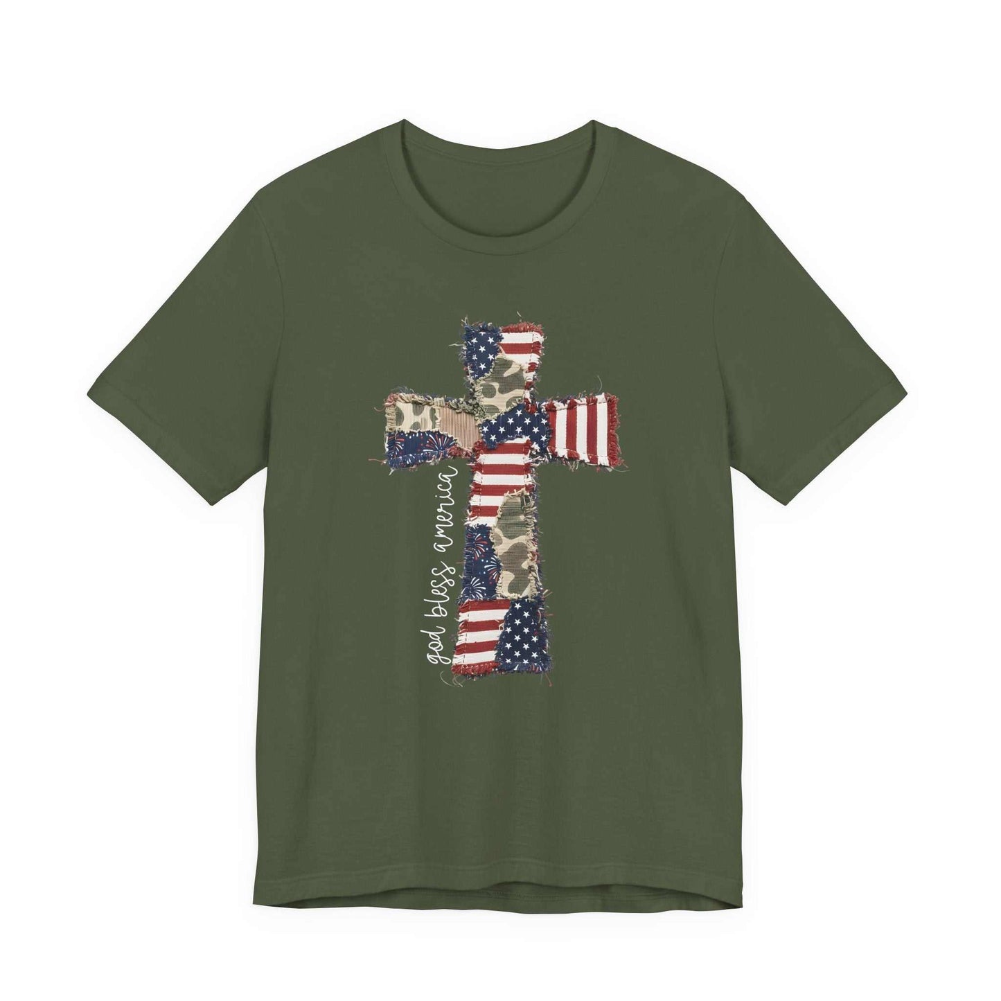 God Bless America shirt with vintage patriotic cross and distressed American flag design