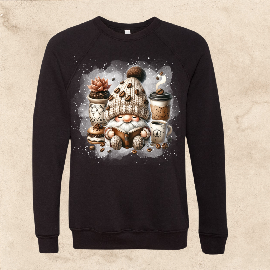 Coffee Gnome sweatshirt for adults with whimsical gnome and plant design.