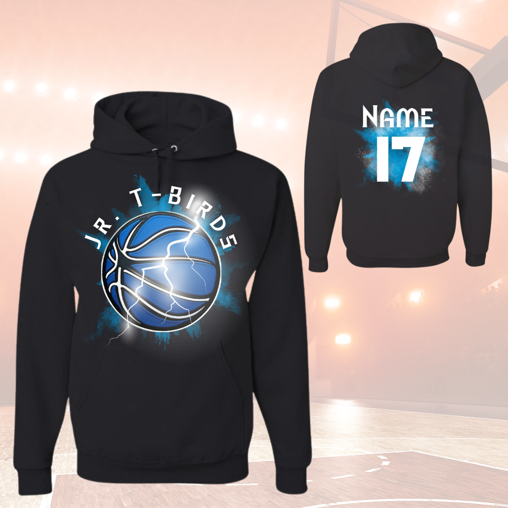 Jr TBirds Youth Splash Hoodie with custom name and number, durable cotton-poly blend, unisex design.