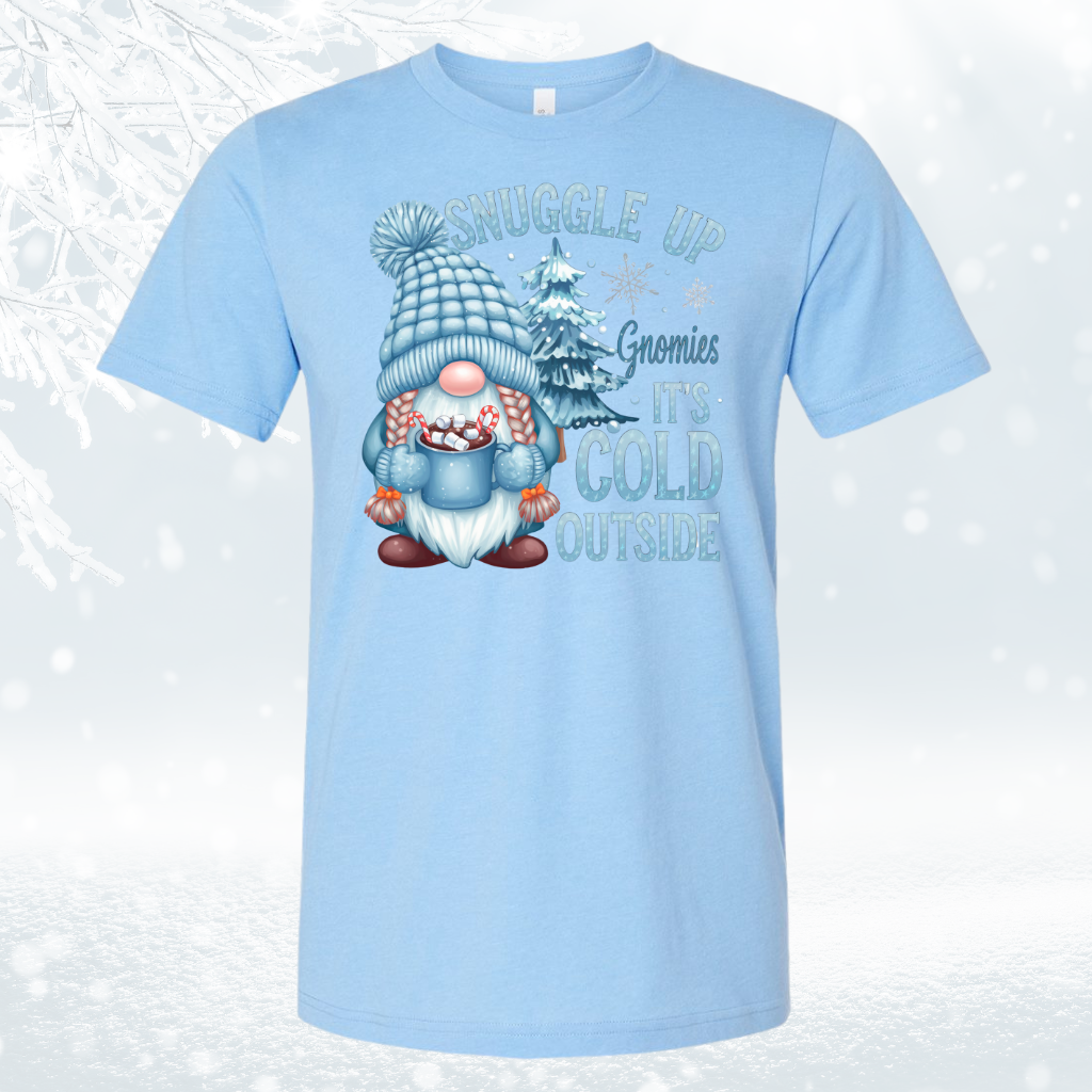 Gnome It's Cold Outside Shirt with cute gnome design in winter scene.
