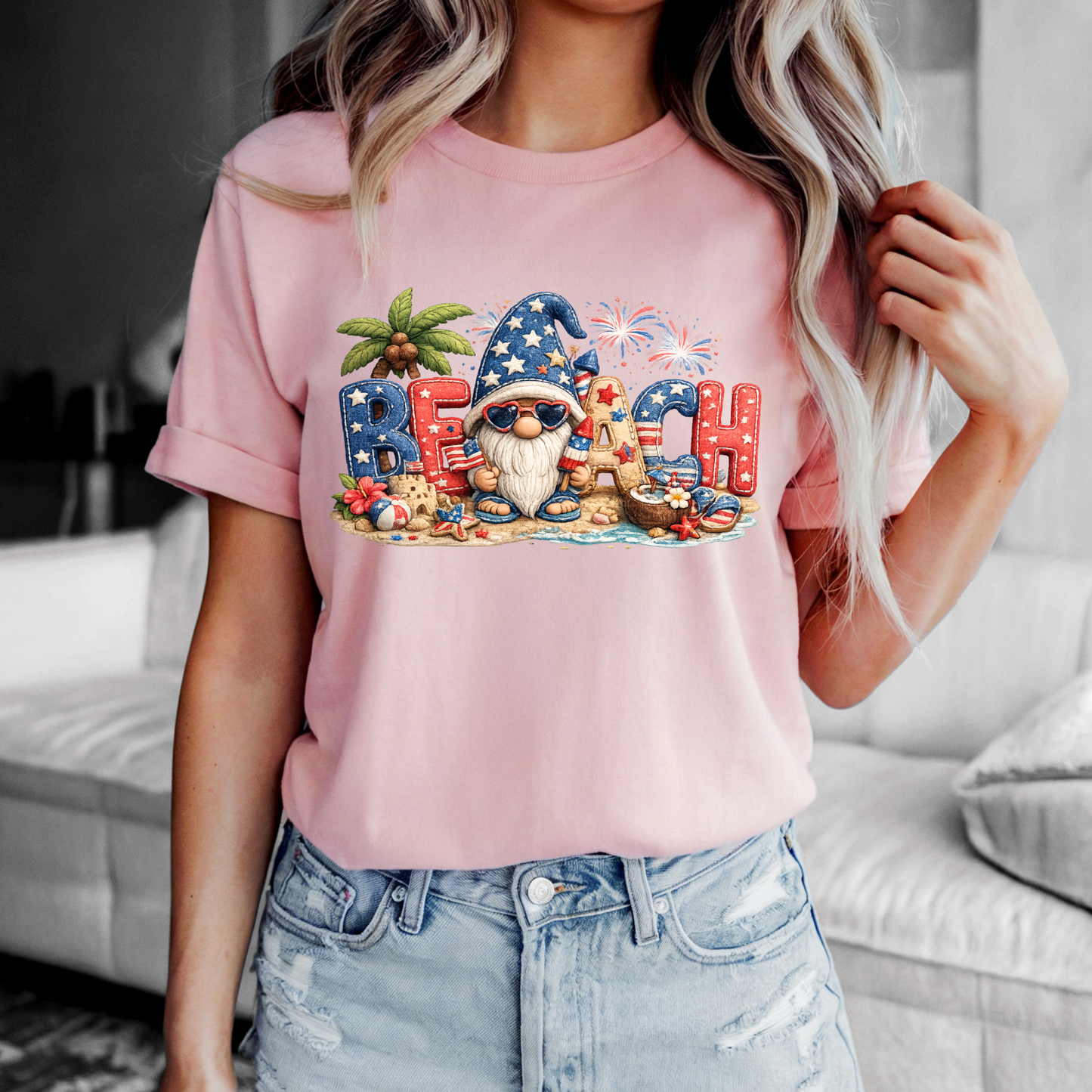 Patriotic Beach Gnome patchwork tee with red, white, and blue coastal summer design