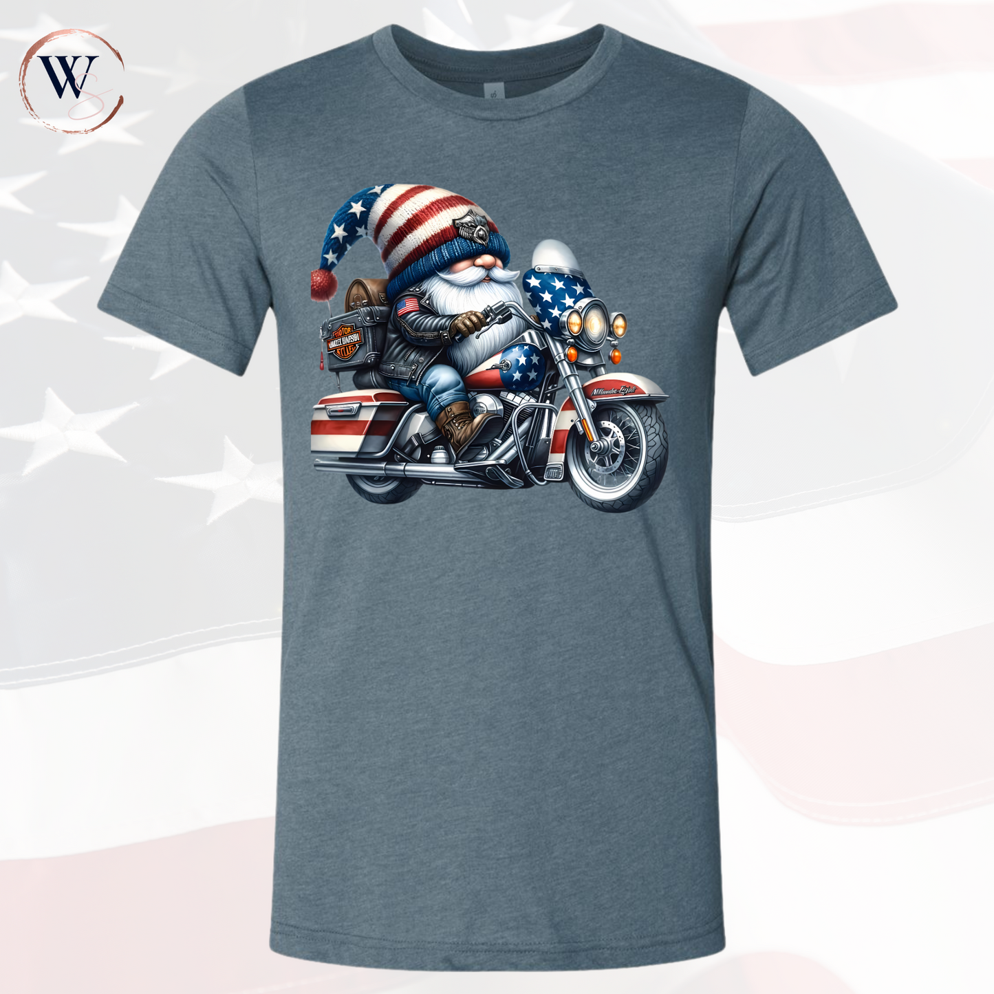 Gnome Riding a Harley shirt featuring patriotic gnome on motorcycle, unisex tee.