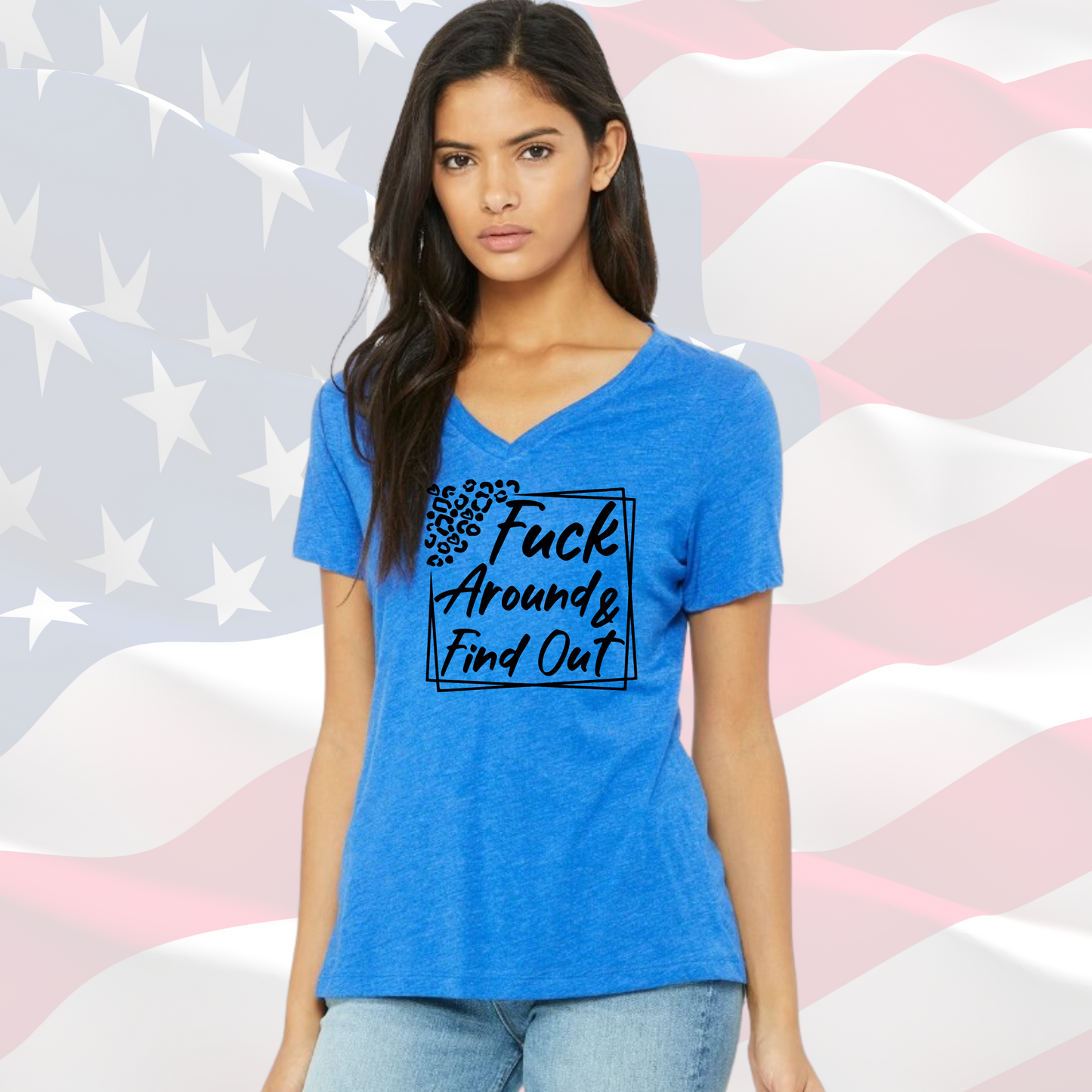 FAFO Women's Vneck Tee with patriotic design on an American flag background.