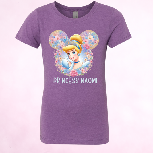 Cinderella Princess T-shirt for youth with charming design and personalized name.