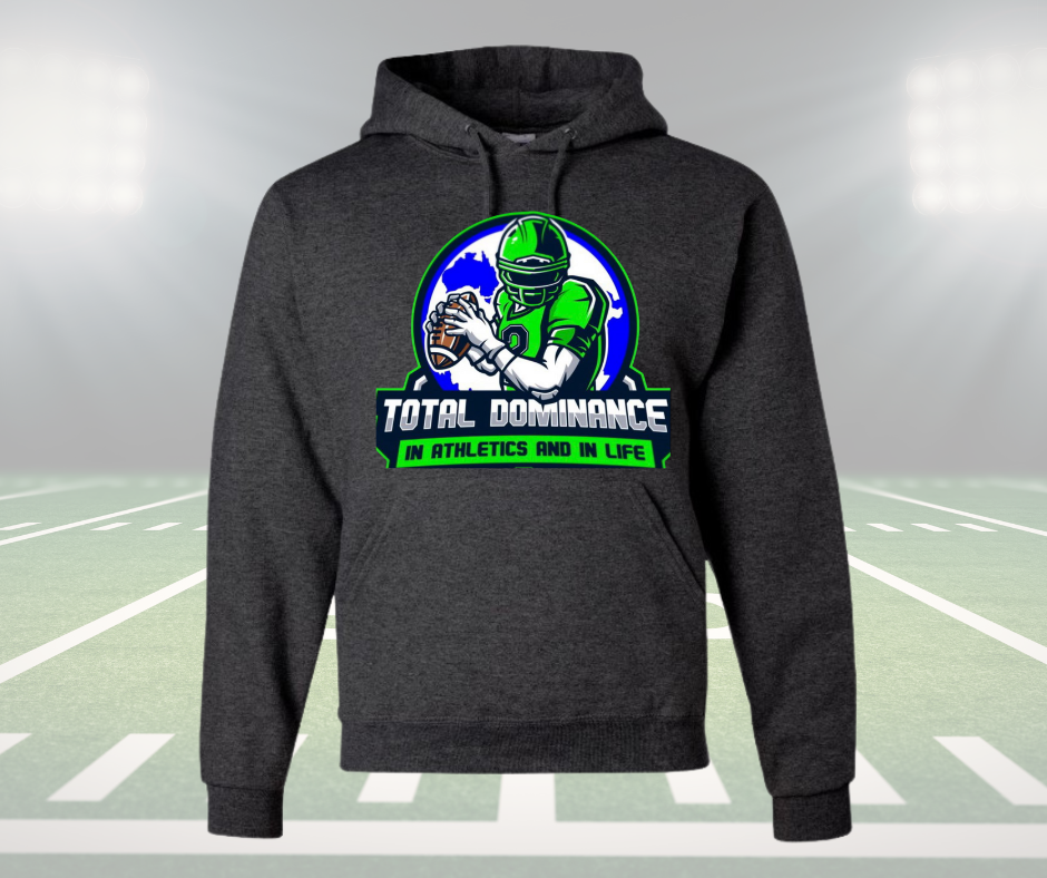 Youth Nitro Hoodie charcoal gray with football player graphic and "Total Dominance in Athletics and in Life" text