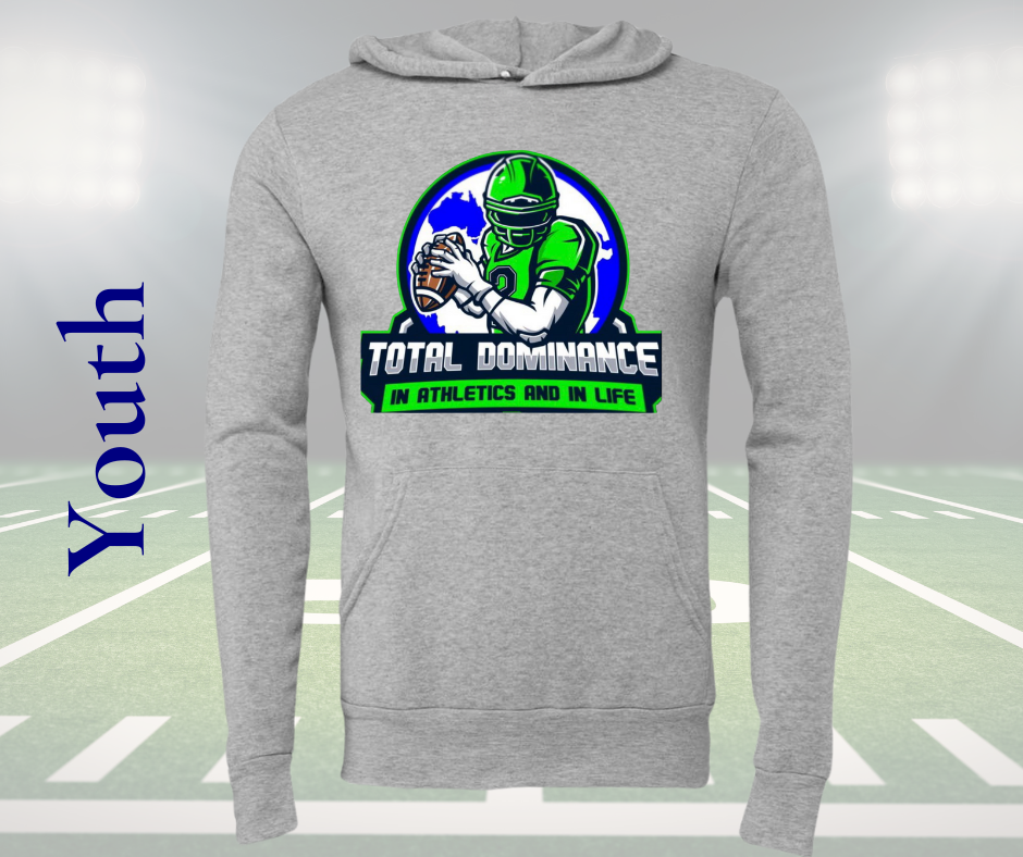 Youth grey Nitro Football Hoodie with green and blue football player graphic and "Total Dominance" text on front