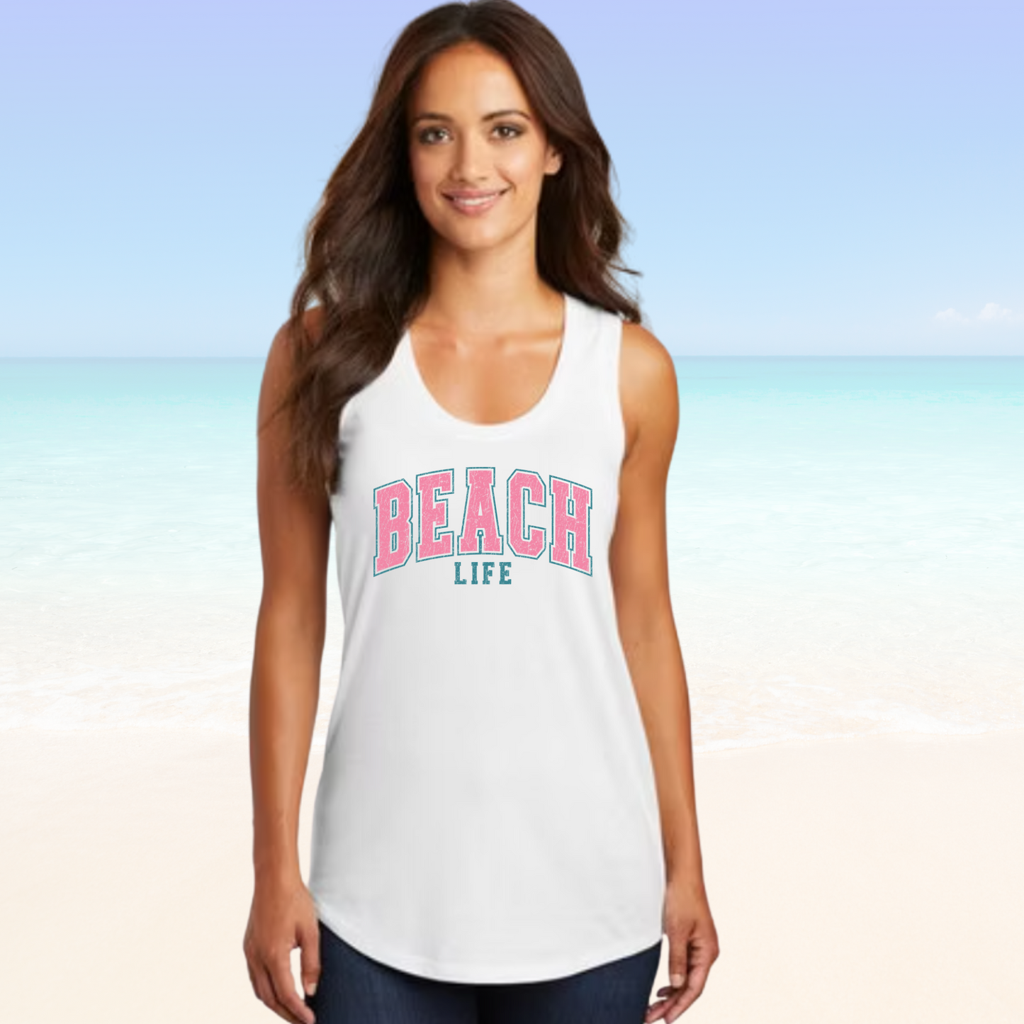 Beach Life Woman's Tank Top in white with racer back design, perfect for comfort and style.