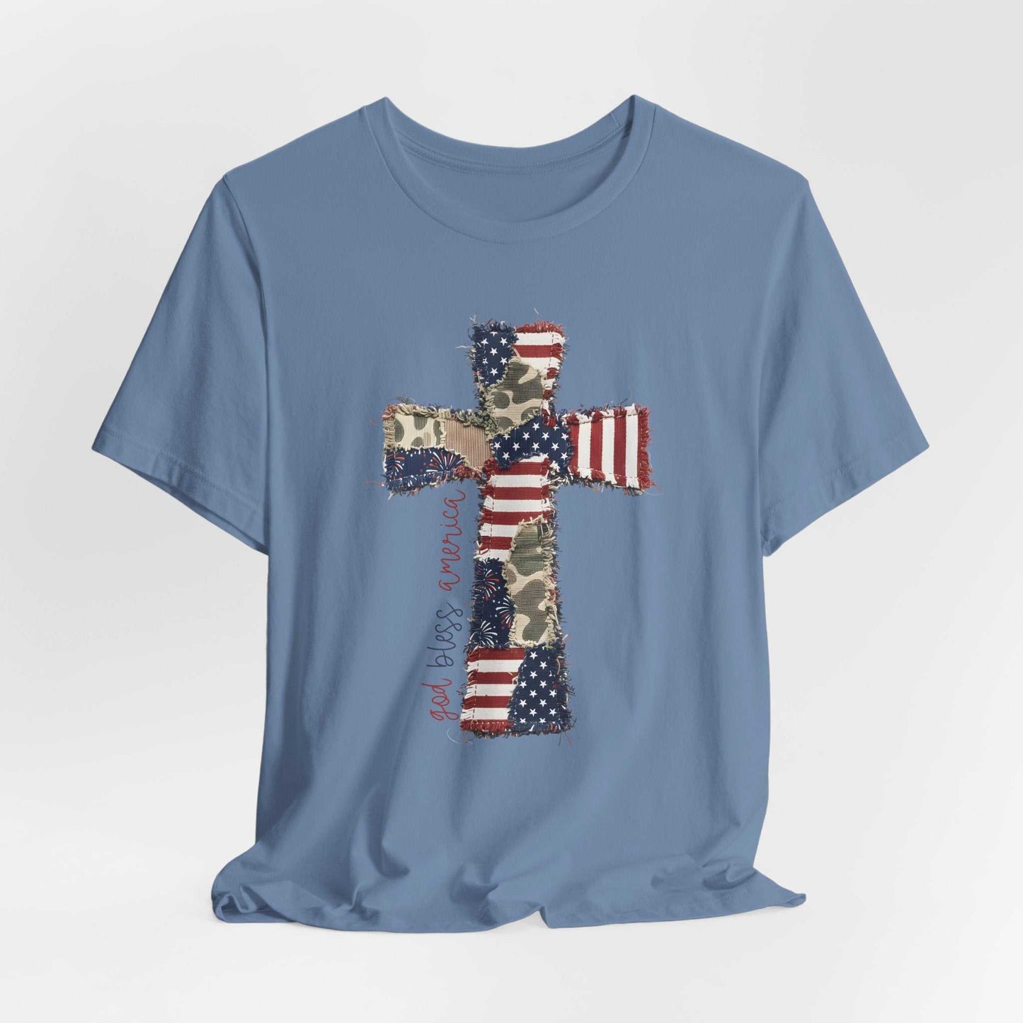 God Bless America shirt with patriotic cross and distressed American flag design
