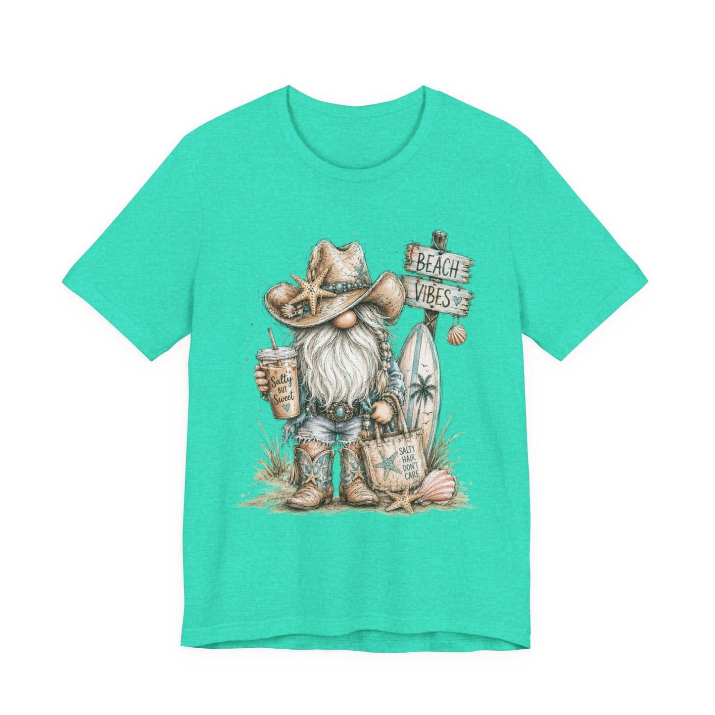 Coastal Cowgirl Beach Gnome watercolor tee with turquoise accents and cowboy boots