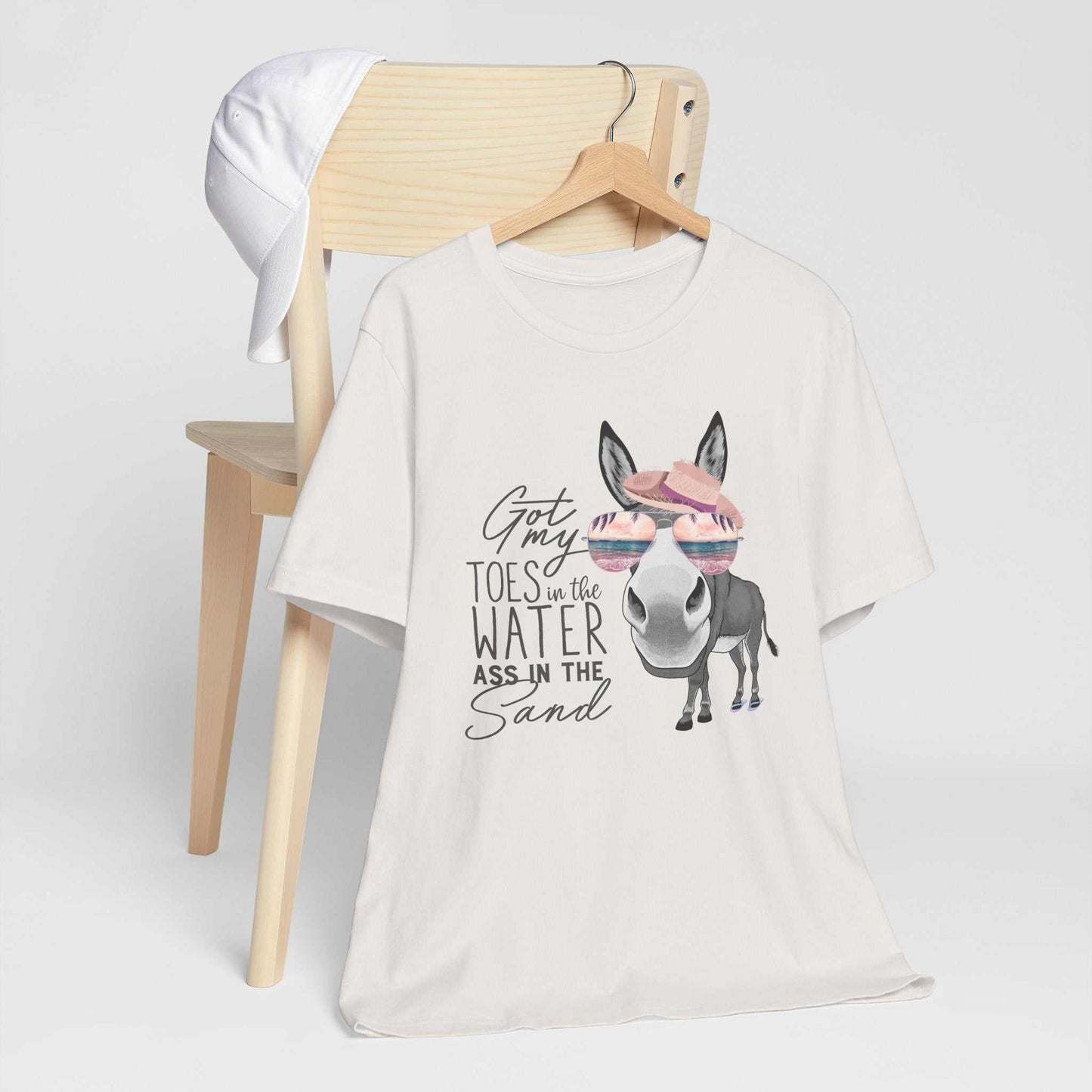 Got My Toes in the Water beach donkey tee with sunglasses and sun hat on Bella Canvas 3001 unisex shirt
