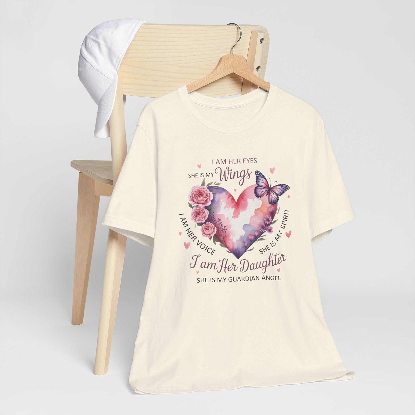 I Am Her Daughter memorial shirt with guardian angel butterfly and floral watercolor design on soft Bella + Canvas tee