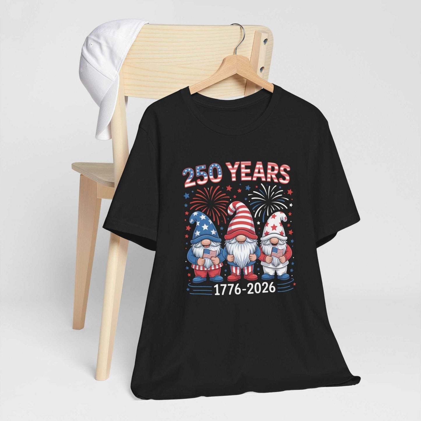 250 years patriotic gnome shirt with red white blue gnomes and fireworks celebrating America 1776-2026