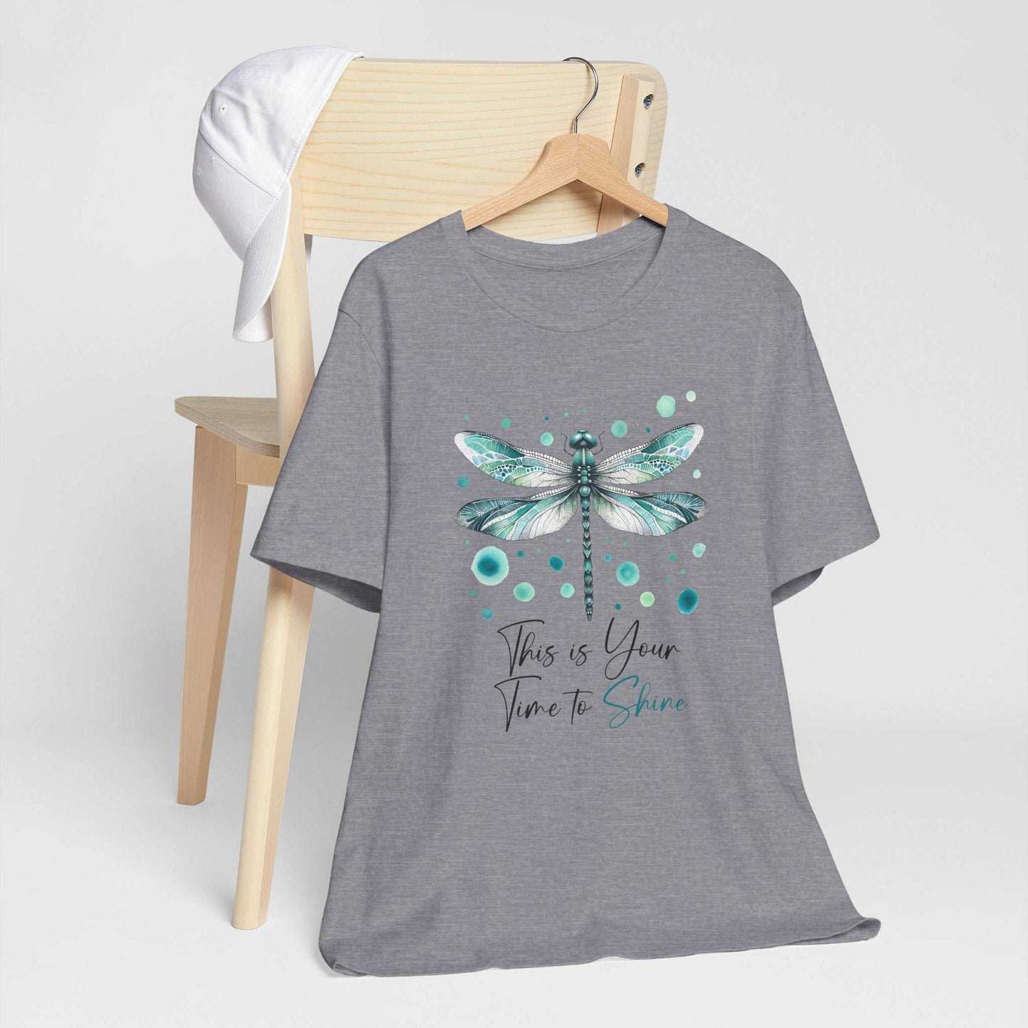 Unisex Dragonfly Tee with watercolor dragonfly design in teal and mint on soft Bella Canvas 3001 fabric